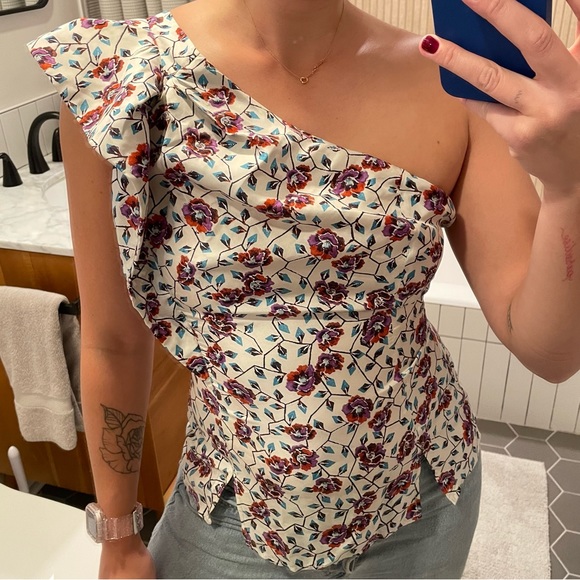 Isabel Marant Tops - Isabel Marant White Floral Silk One Shoulder Blouse 38